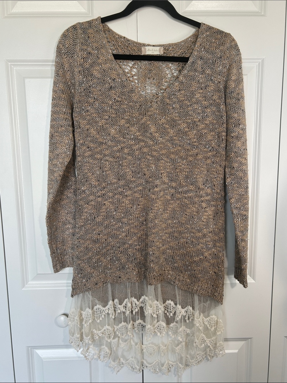 Altar'd State Mixed Neutral Open Knit Top - Beige & Black Accent